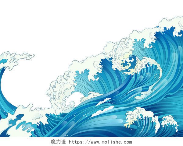 蓝色手绘卡通海浪浪潮海水海洋大海元素PNG素材